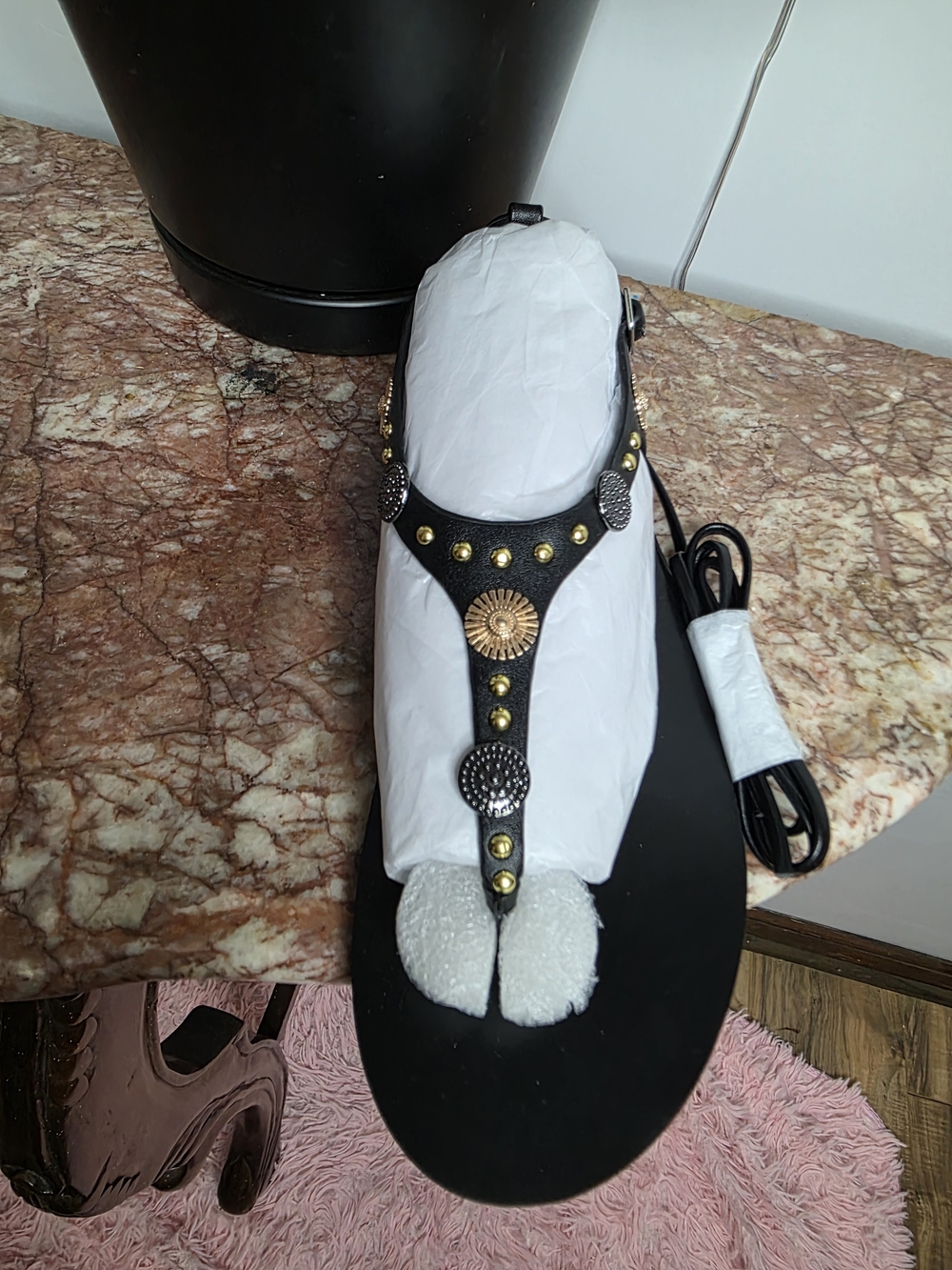 Wild Pair Black Studded T-Strap Sandal with Mixed Metal Accents